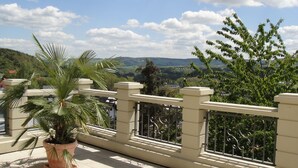 Un balcon offrant une vue sur un paysage vallonné, avec un palmier et une balustrade décorative.