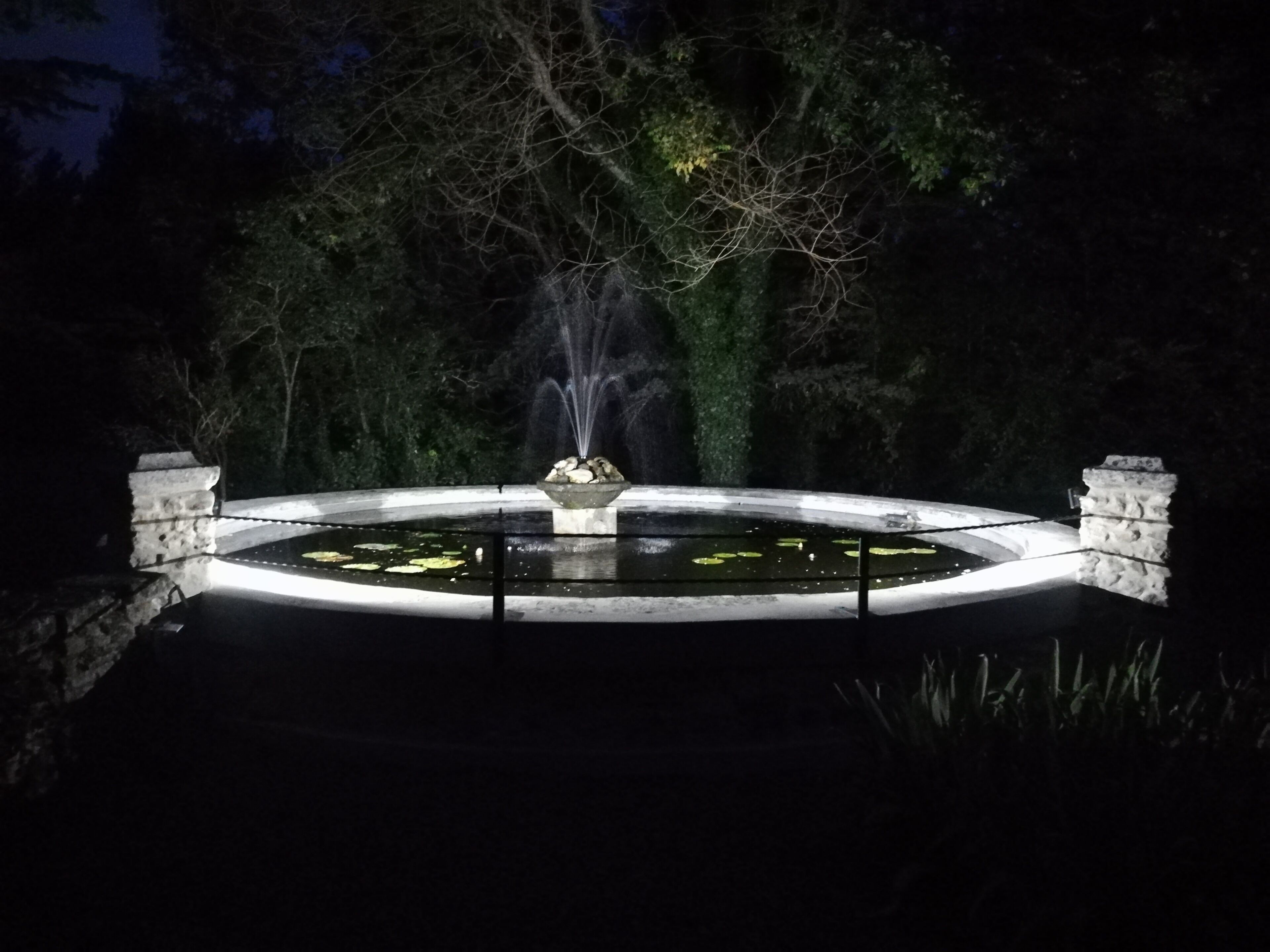 A nighttime outdoor fountain surrounded by stone walls and trees.