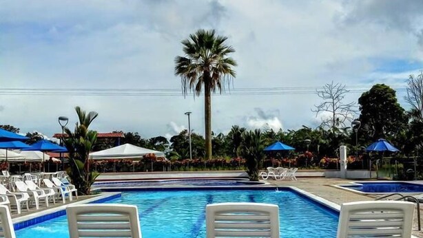 A pool area with white lounge chairs and a palm tree. - Finca Hotel San Jose (Montenegro)