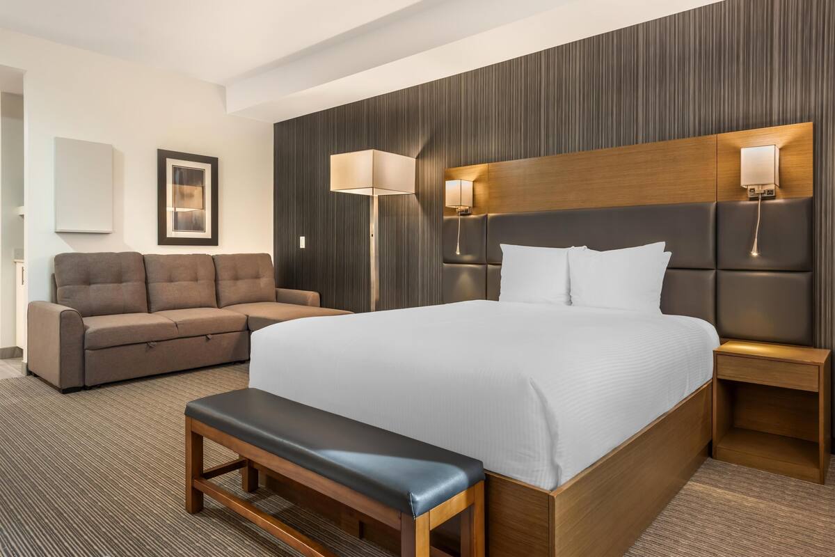 Una habitación de hotel con una cama grande, un banco, un sofá, dos lámparas fijadas a la pared y un cuadro enmarcado.