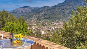 Una mesa con una botella y fruta, con vistas a un pueblo y montañas.