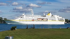 Et stort krydstogtskib ligger ved kaj i en havn, med en grøn græsplæne foran.