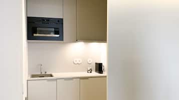 Full-size fridge, microwave, stovetop, espresso maker