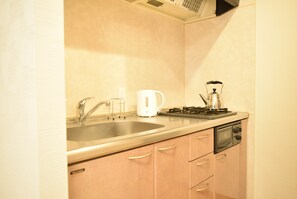 Fridge, microwave, stovetop, electric kettle