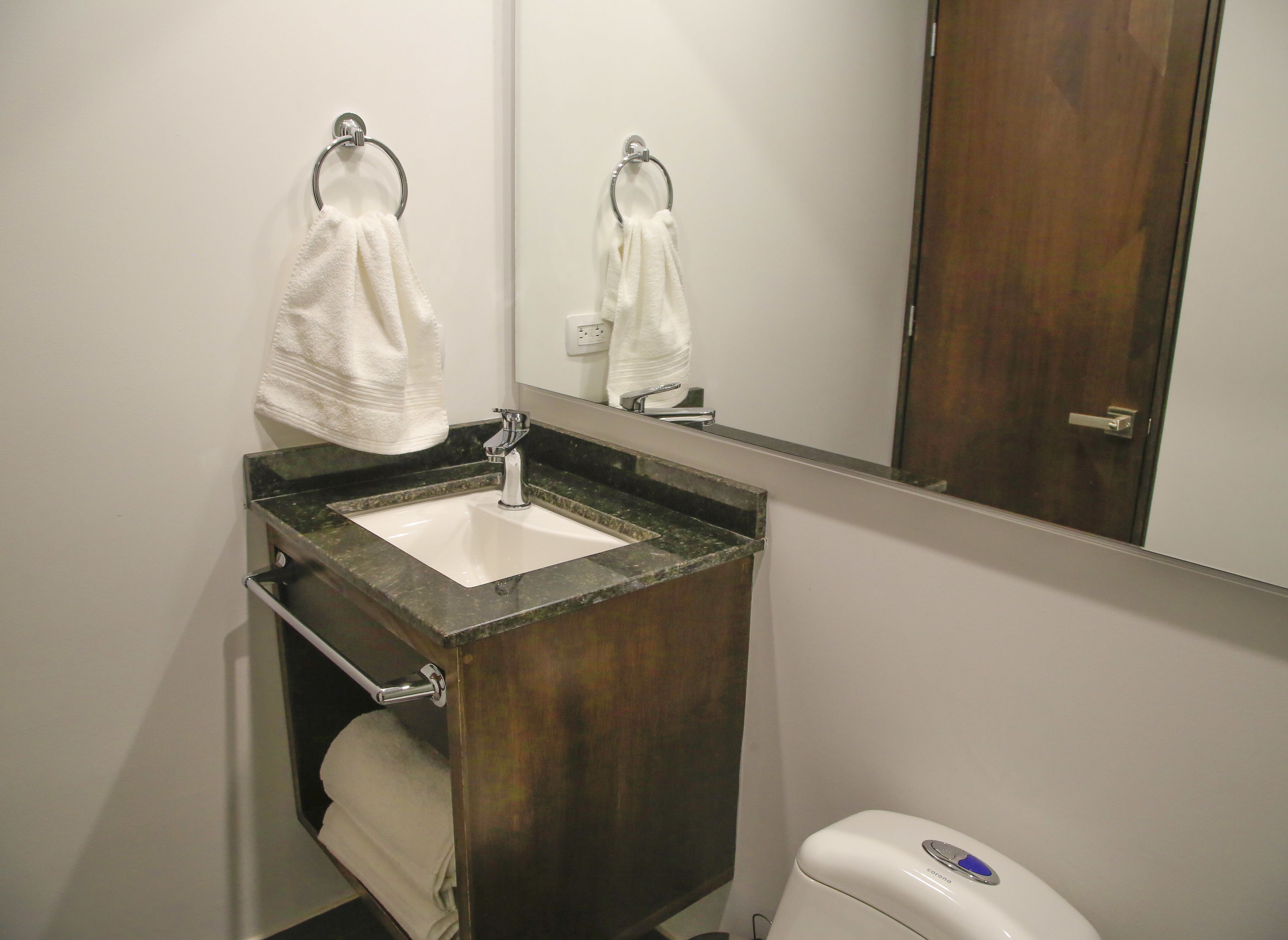 shower, rainfall showerhead, designer toiletries, towels