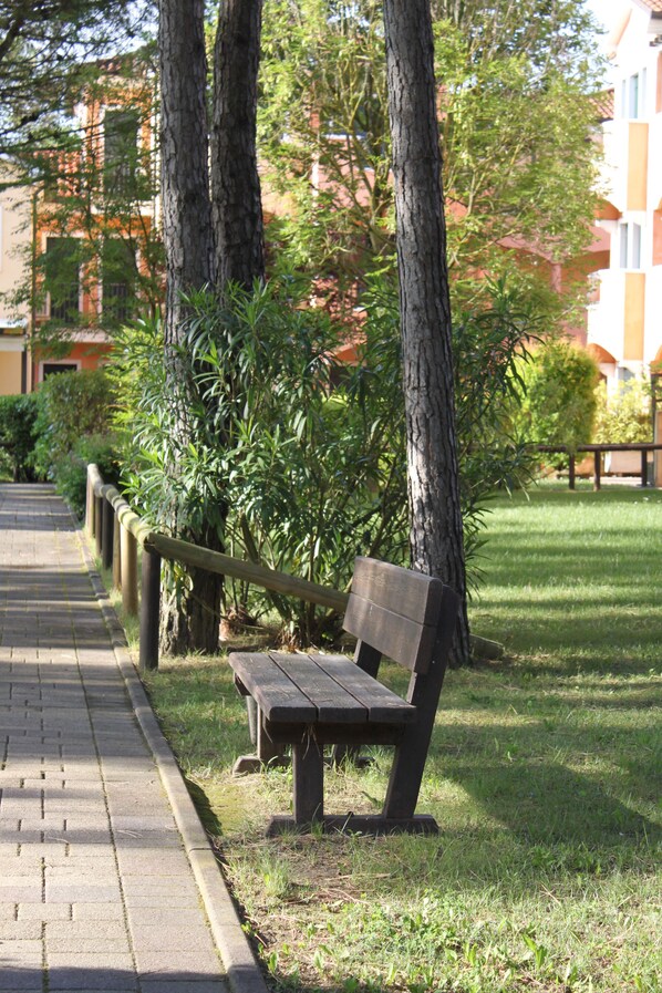 A bench by a paved walkway with trees and grass, and a building in the background.