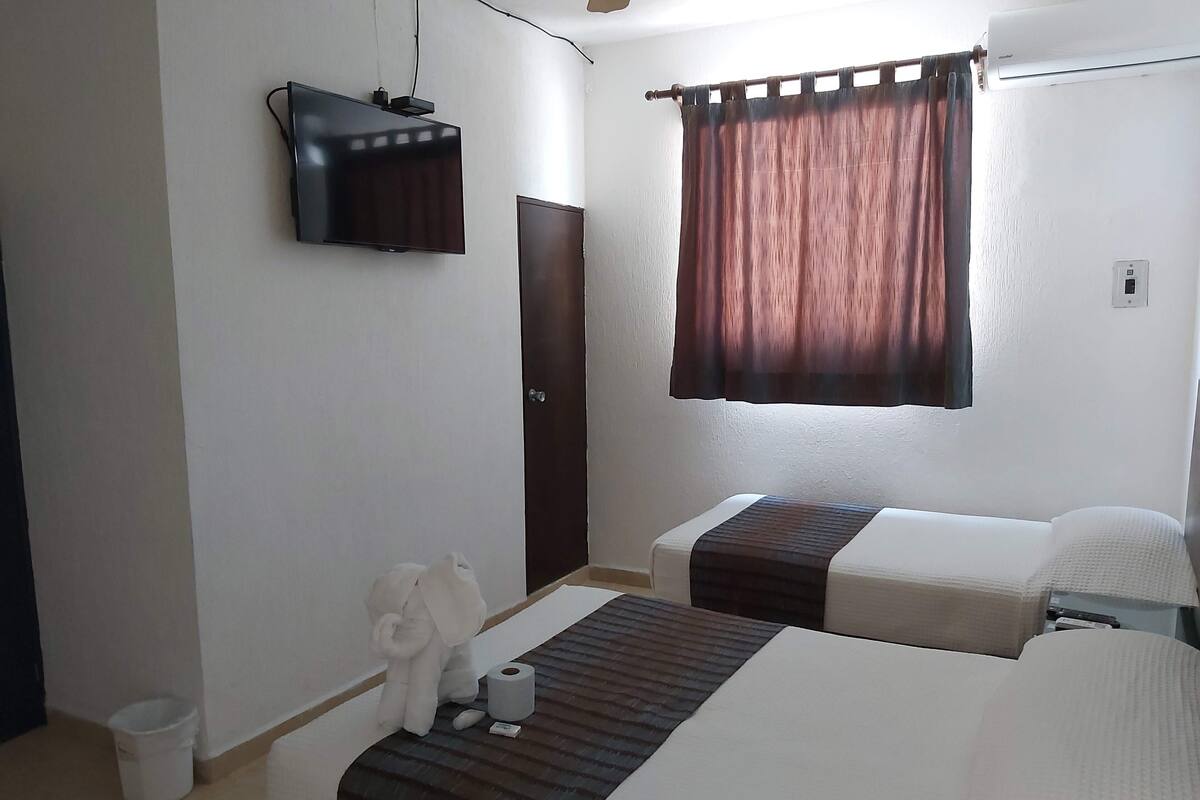 Habitación de hotel con dos camas, televisión, cortina, puerta y un cesto de basura.