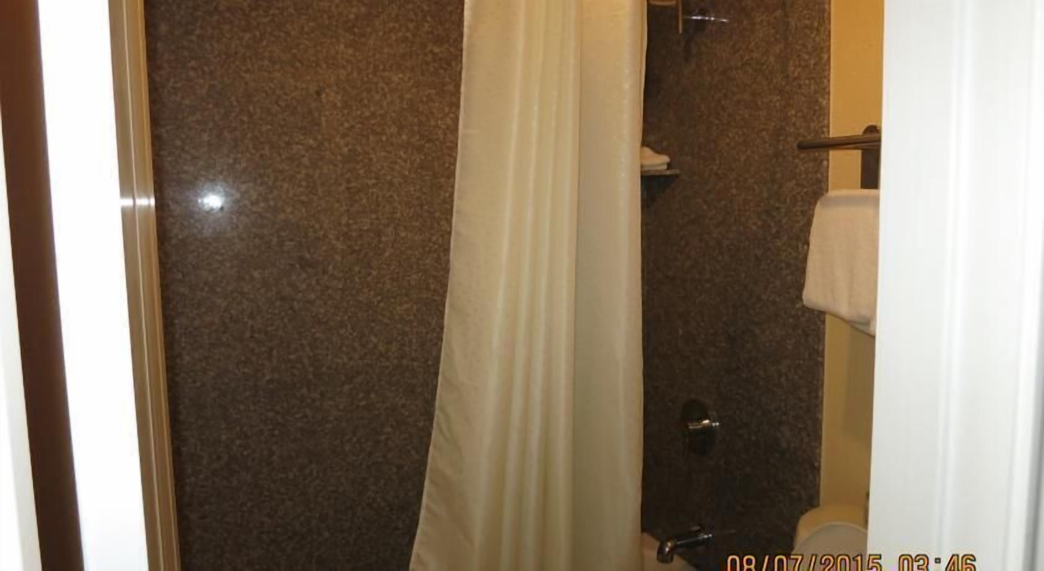 Ein Badezimmer mit Marmorwand, Duschvorhang, Handtuchhalter und Toilette.