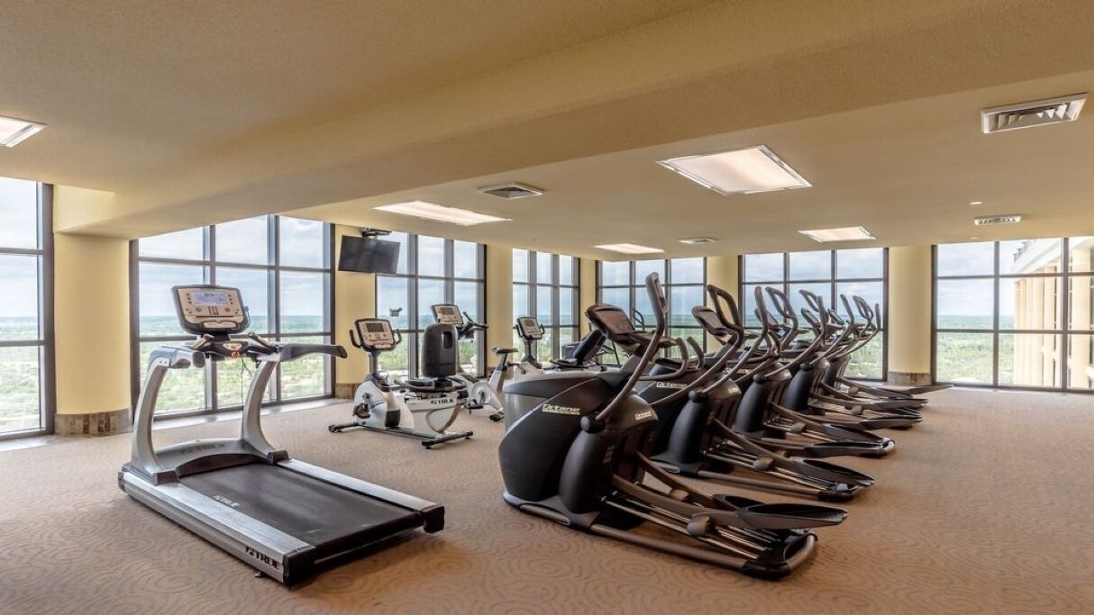A gym with treadmills, elliptical machines, and stationary bikes arranged in rows.