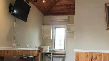 A compact room with a wooden ceiling, a flat-screen TV mounted on the wall, a kitchenette with a refrigerator, and a window with a view.