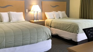 Een hotelkamer met twee bedden, een nachtkastje met lamp, een bureau en een kamerbreed tapijt met dessin.