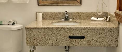 A bathroom with a granite countertop sink, a mirror, a toilet, and a trash bin.