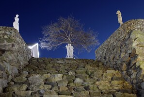 A stone staircase with statues on either side, leading up to a tree.