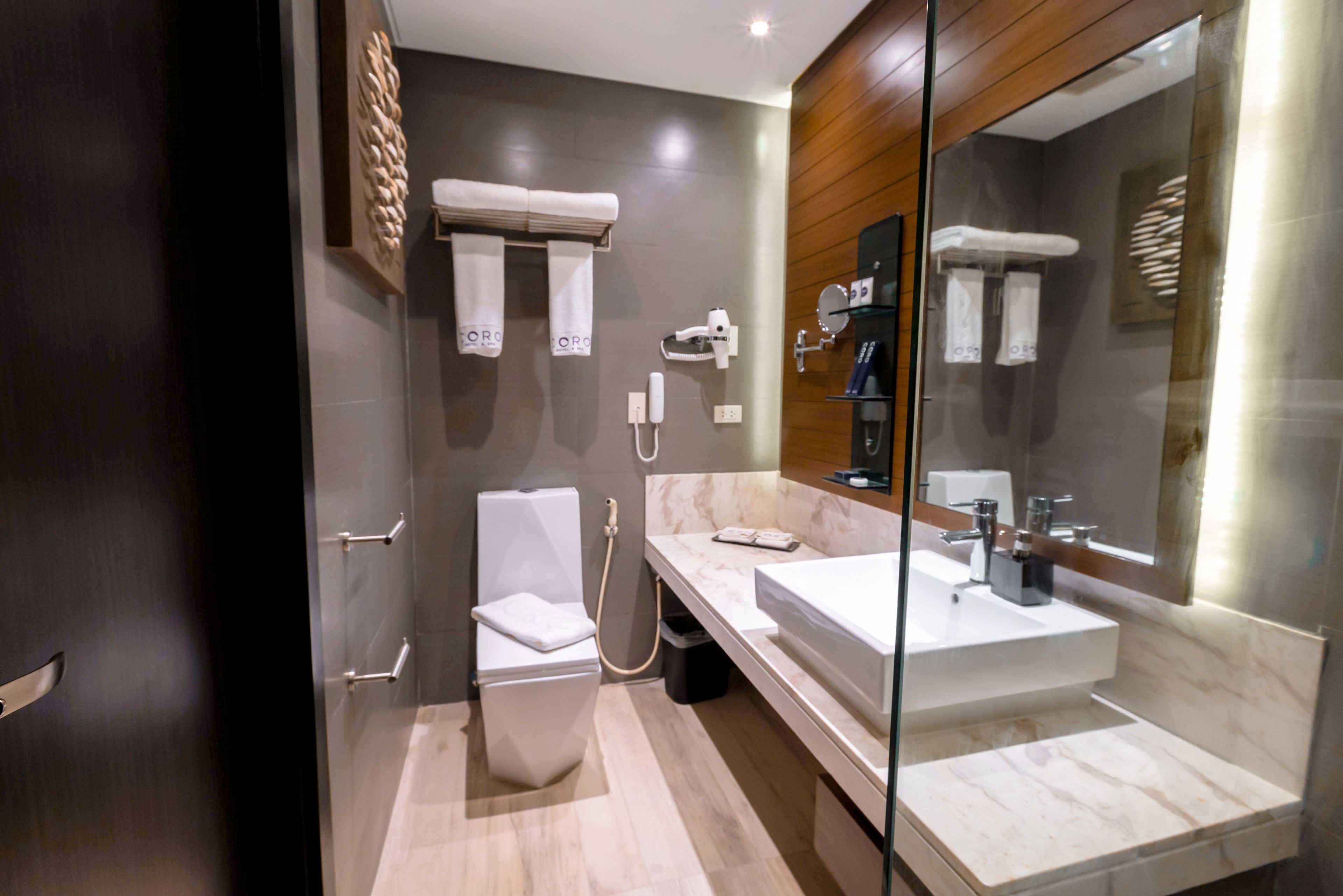 free toiletries, hair dryer, slippers, bidet