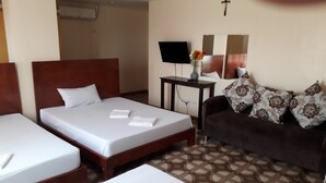 Een hotelkamer met twee enkele bedden, een bank, een kleine tafel met een vaas en een televisie.