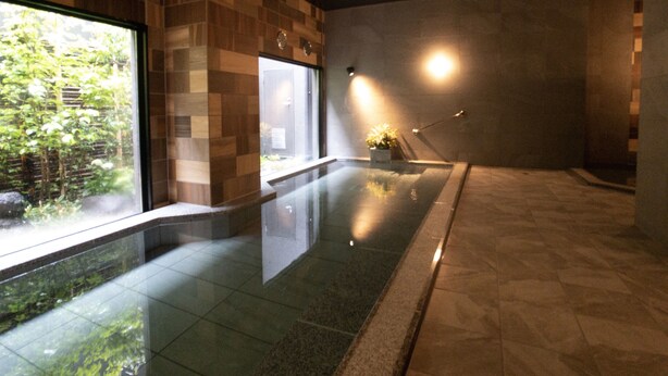 A modern spa area with a glass-enclosed pool, wooden wall panels, and a potted plant. - Hotel Route-Inn Grand Ota Ekimae (Ota)