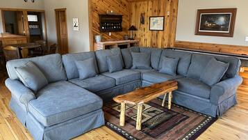 TV, fireplace, books