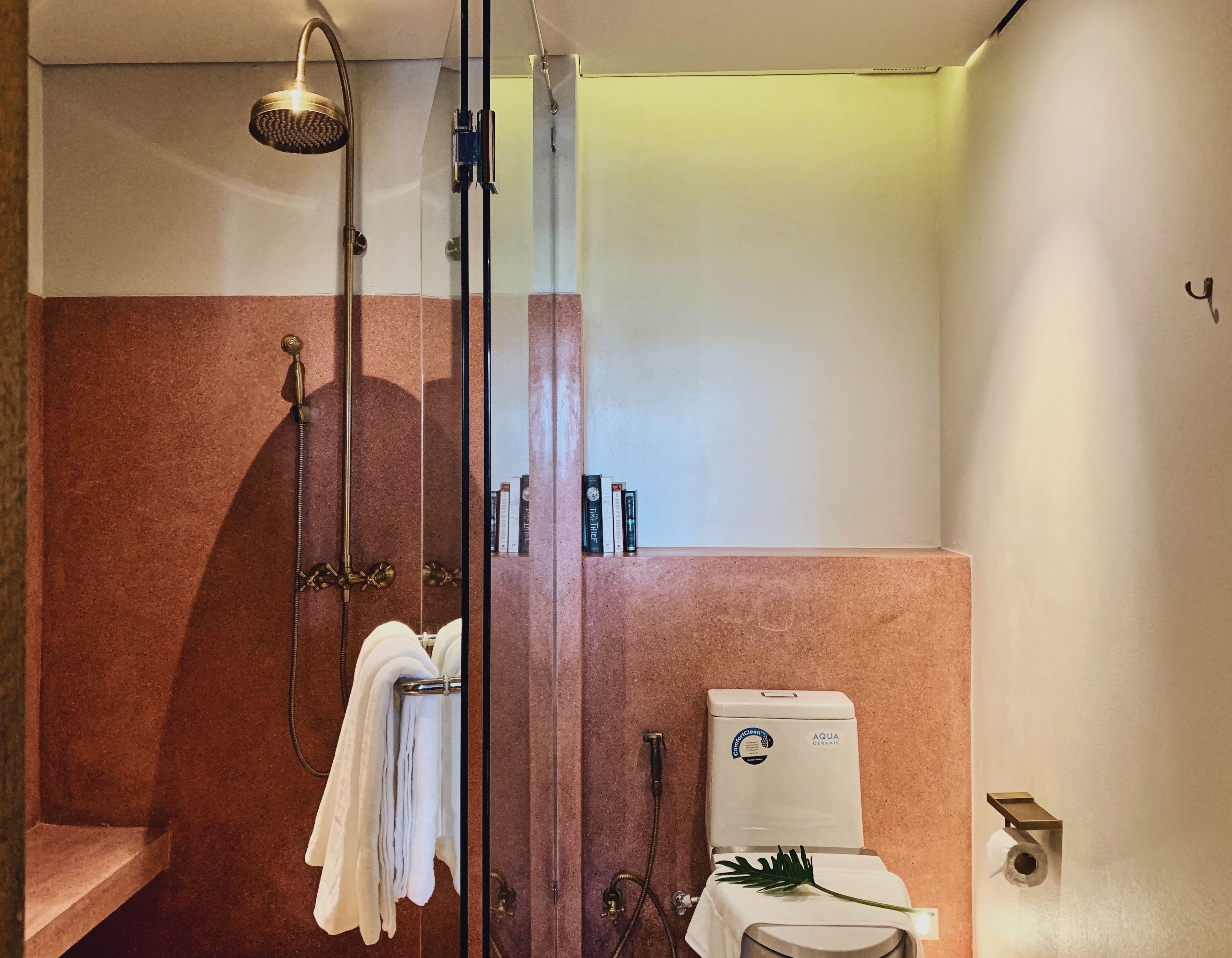 Eine Duschkabine mit Glas, eine Handbrause, ein Handtuchhalter mit Handtüchern, ein Keramik-Warmwasserbereiter und eine Toilette mit Toilettenpapierhalter.