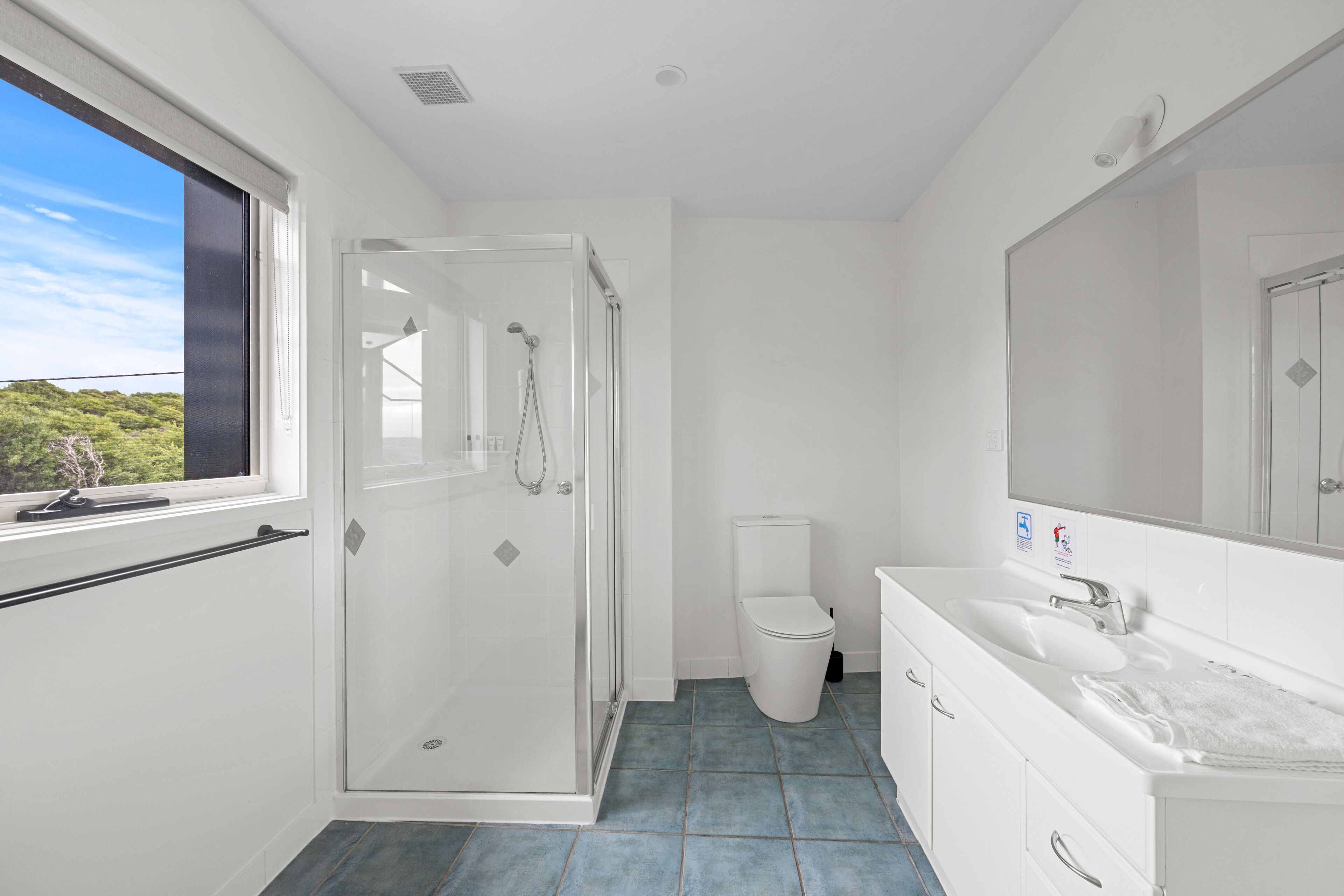 A modern bathroom with a glass shower enclosure, a toilet, and a sink with a large mirror.