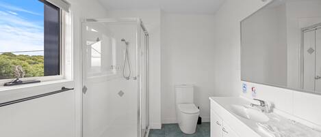 A modern bathroom with a glass shower enclosure, a toilet, and a sink with a large mirror.