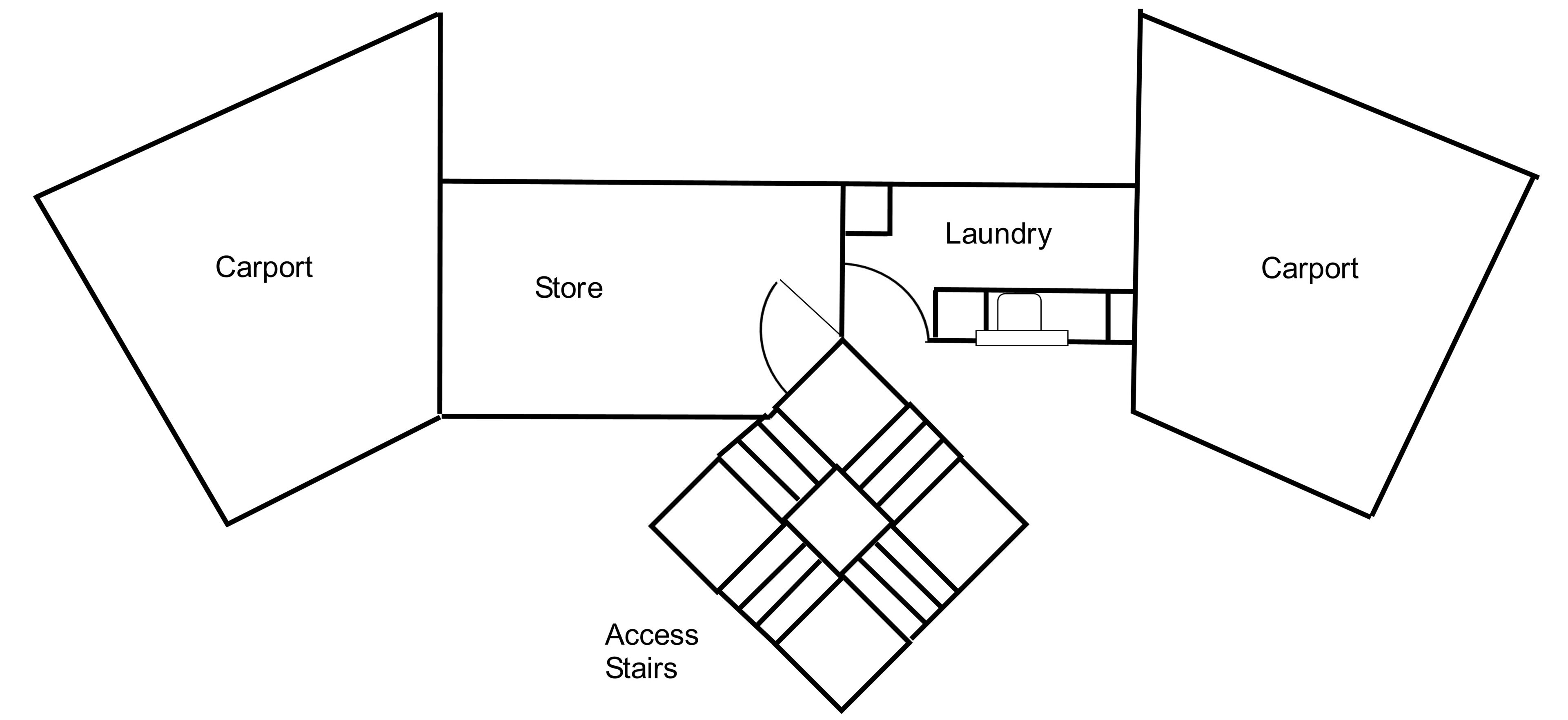 A floor plan with two carports, a store, a laundry area, and access stairs.