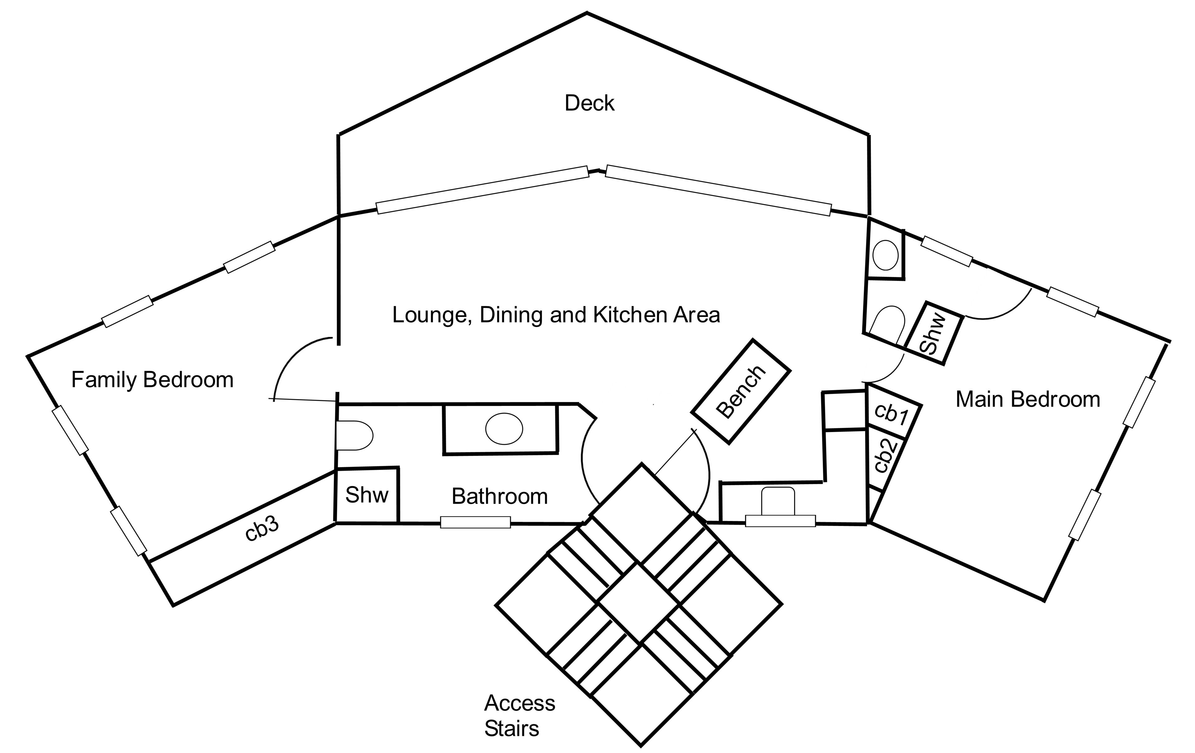 A floor plan of a house with a deck, lounge, dining and kitchen area, family bedroom, main bedroom, and bathroom.