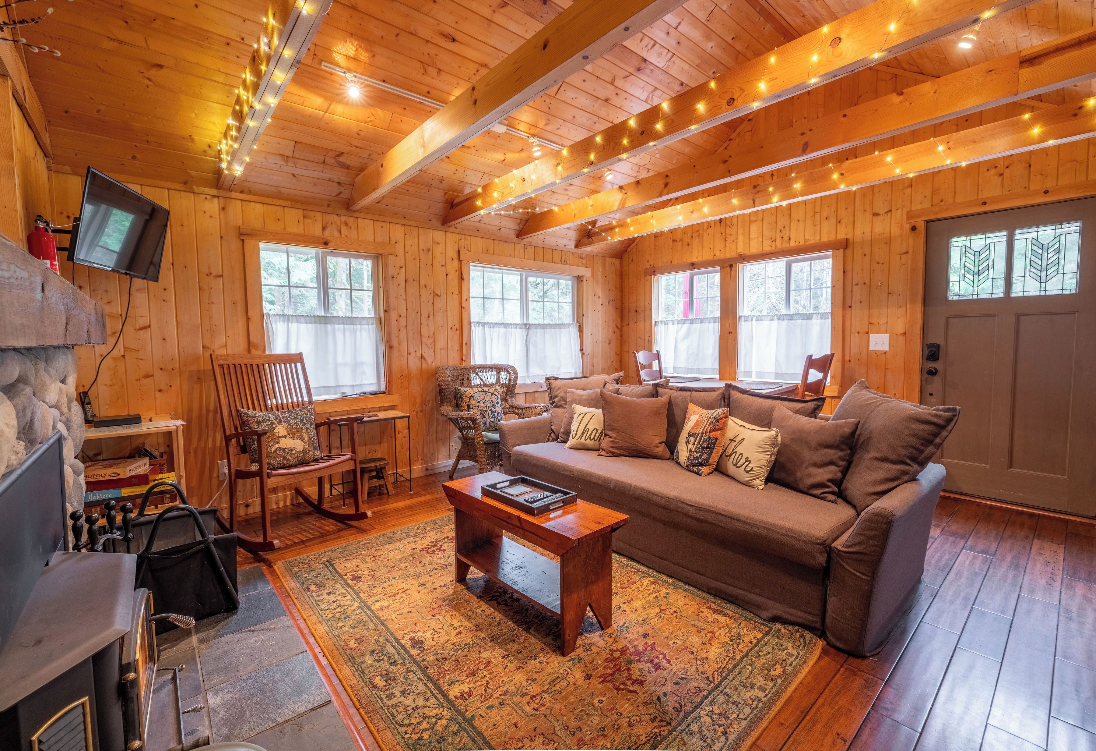 Télévision, cheminée, lecteur de DVD, livres