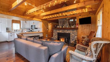 TV, fireplace, DVD player, books