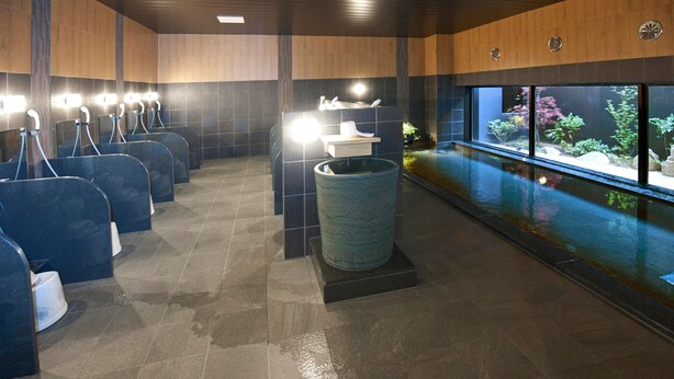 Une salle de bain moderne dotée de plusieurs urinoirs, d’un grand lavabo en pierre et d’un aquarium avec des plantes aquatiques.