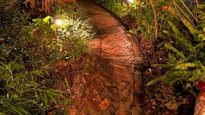 Ein gepflasterter Weg schlängelt sich durch einen Garten mit verschiedenen Pflanzen und Sträuchern, umgeben von einem Zaun.