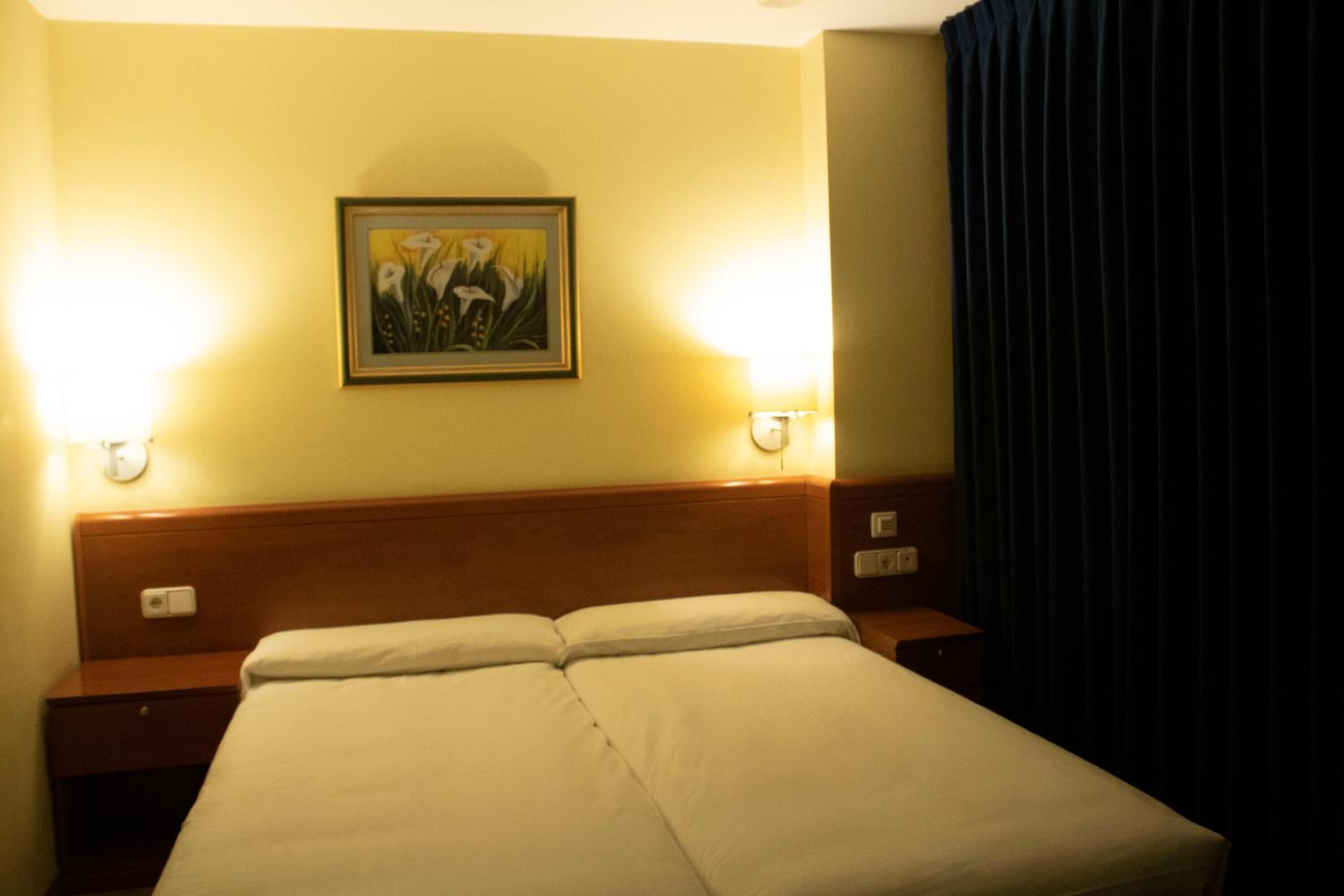 Een hotelkamer met een tweepersoonsbed, twee nachtkastjes, een wandlamp en een schilderij.