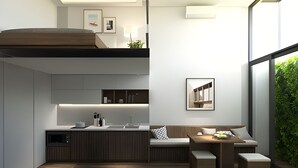 Apartemen Mewah, 1 kamar tidur | Dapur kecil pribadi | Lemari es, microwave, kompor, dan penanak nasi