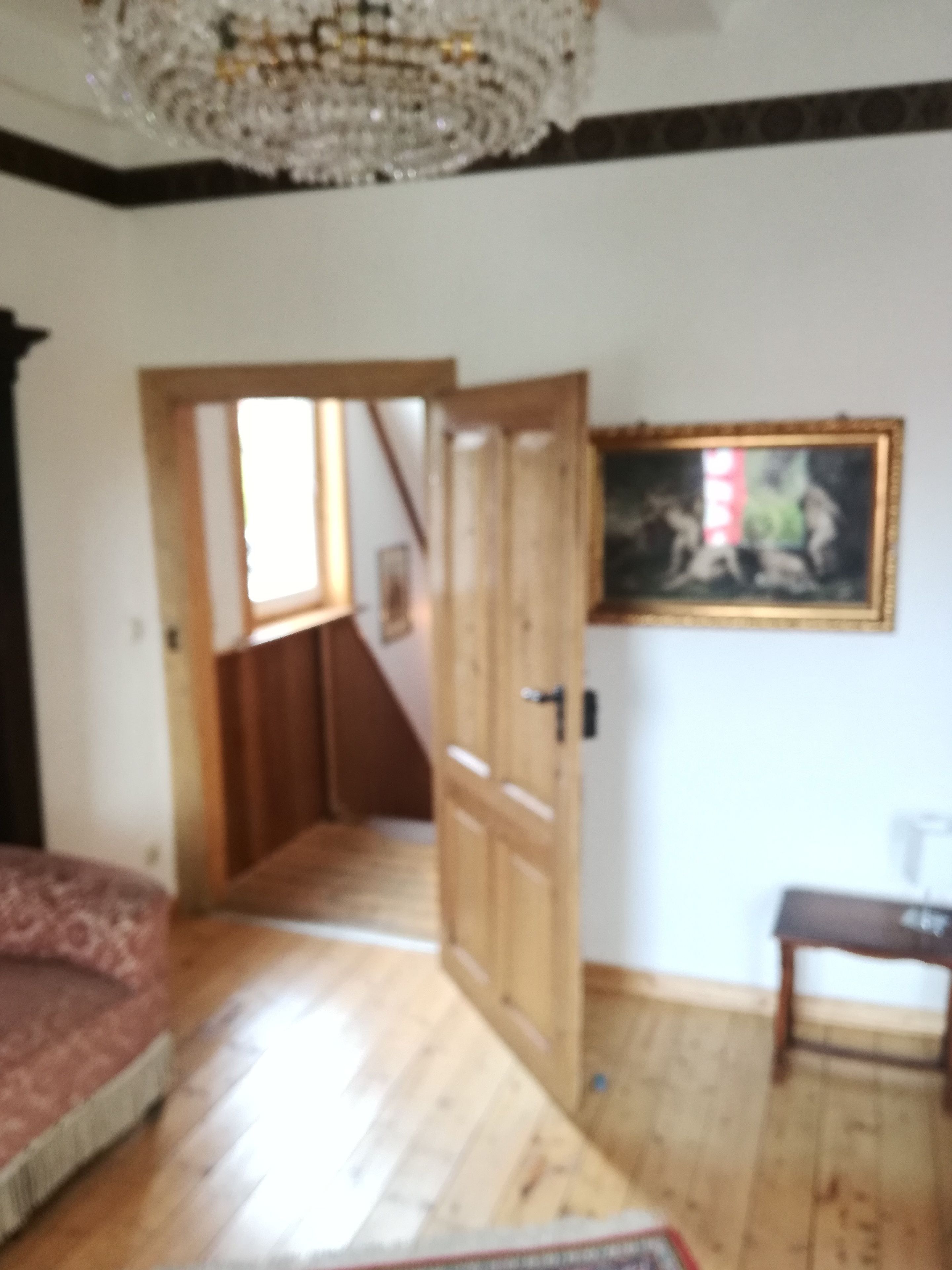 A room with a wooden floor, a bed with a patterned bedspread, a chandelier, a door leading to another room, and a painting on the wall.