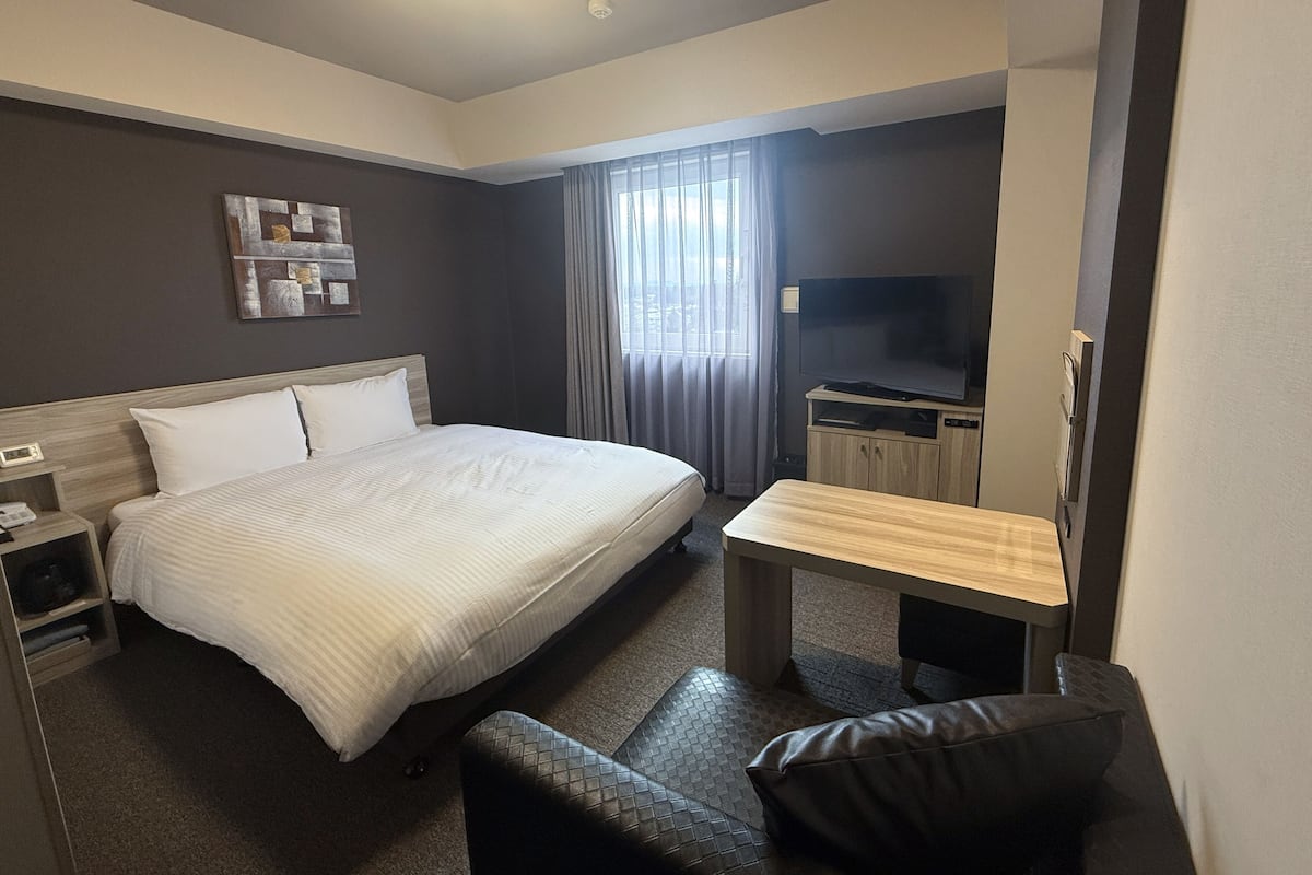 Une chambre d’hôtel avec un lit, un bureau, une télévision et une fenêtre avec des rideaux.