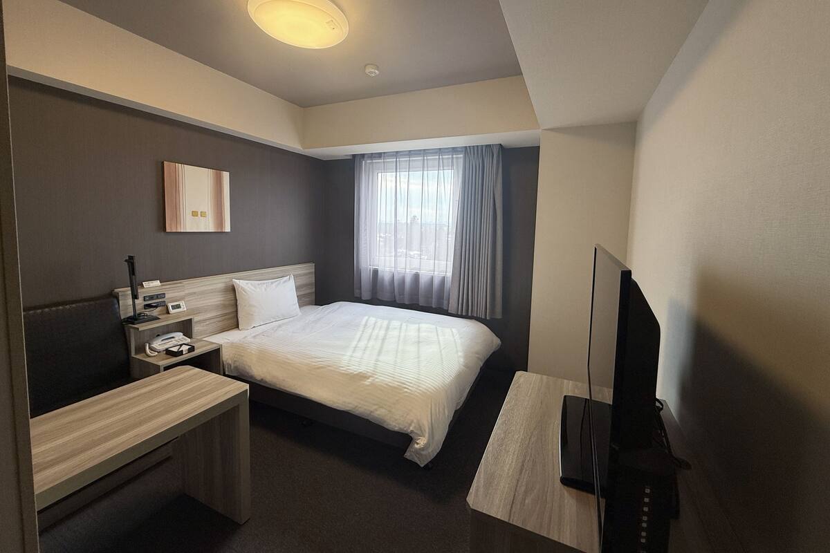 Une chambre d’hôtel avec un lit, une table de chevet, une télévision et une fenêtre avec des rideaux.