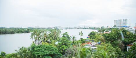 A view of a river with buildings and greenery in the background.