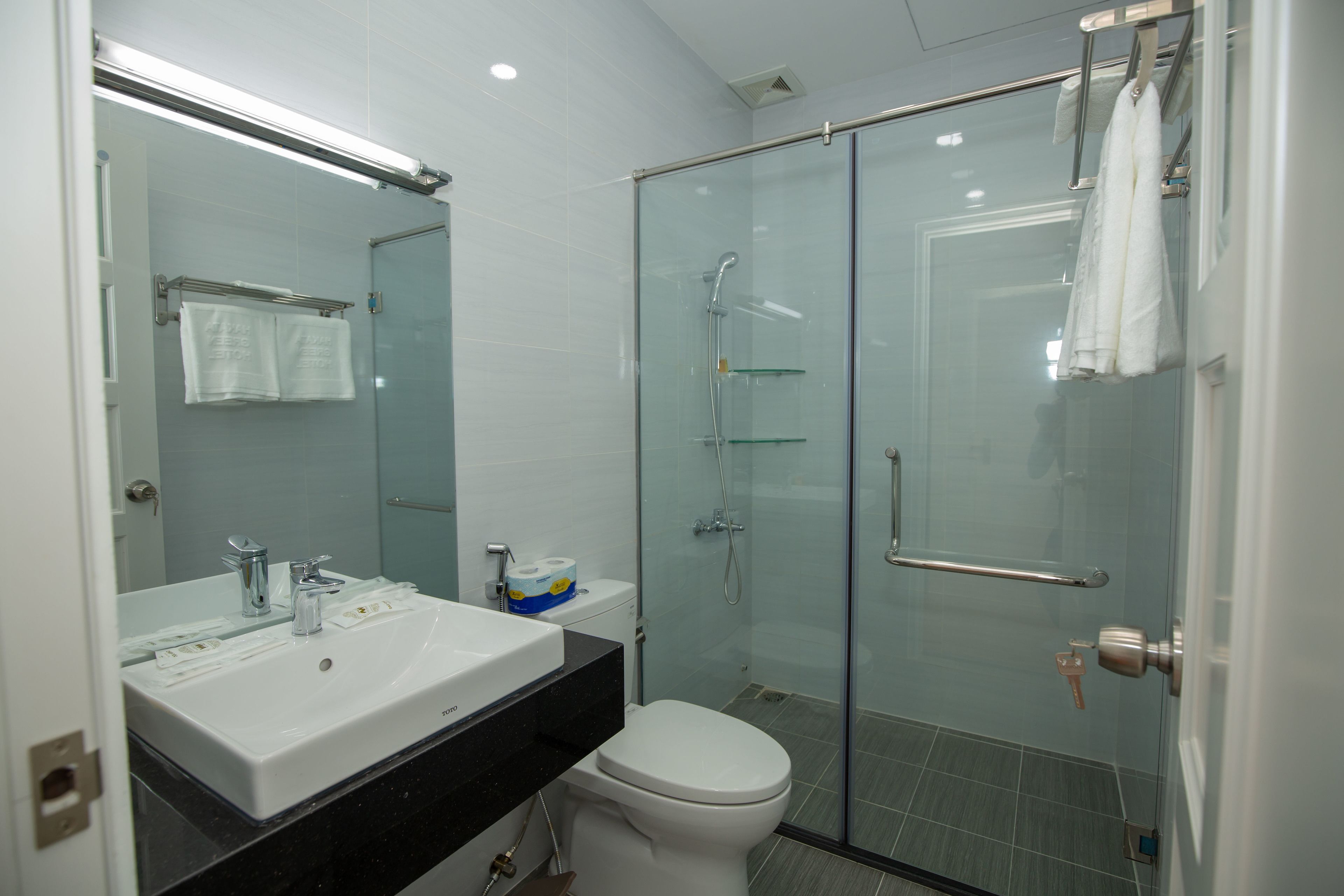 A modern bathroom with a glass-enclosed shower, a white sink, and a toilet.