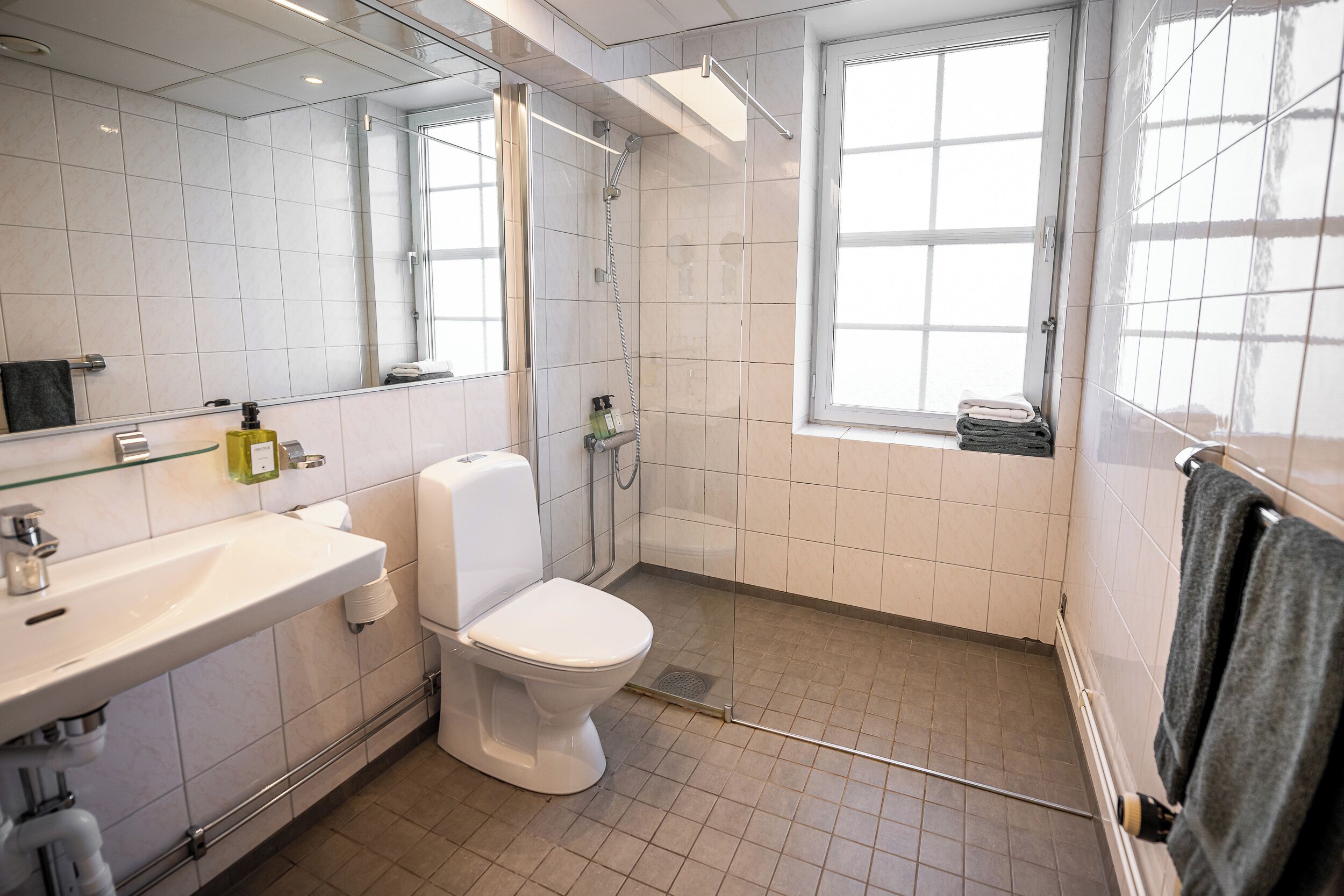 Un baño moderno con inodoro, lavabo y ducha.