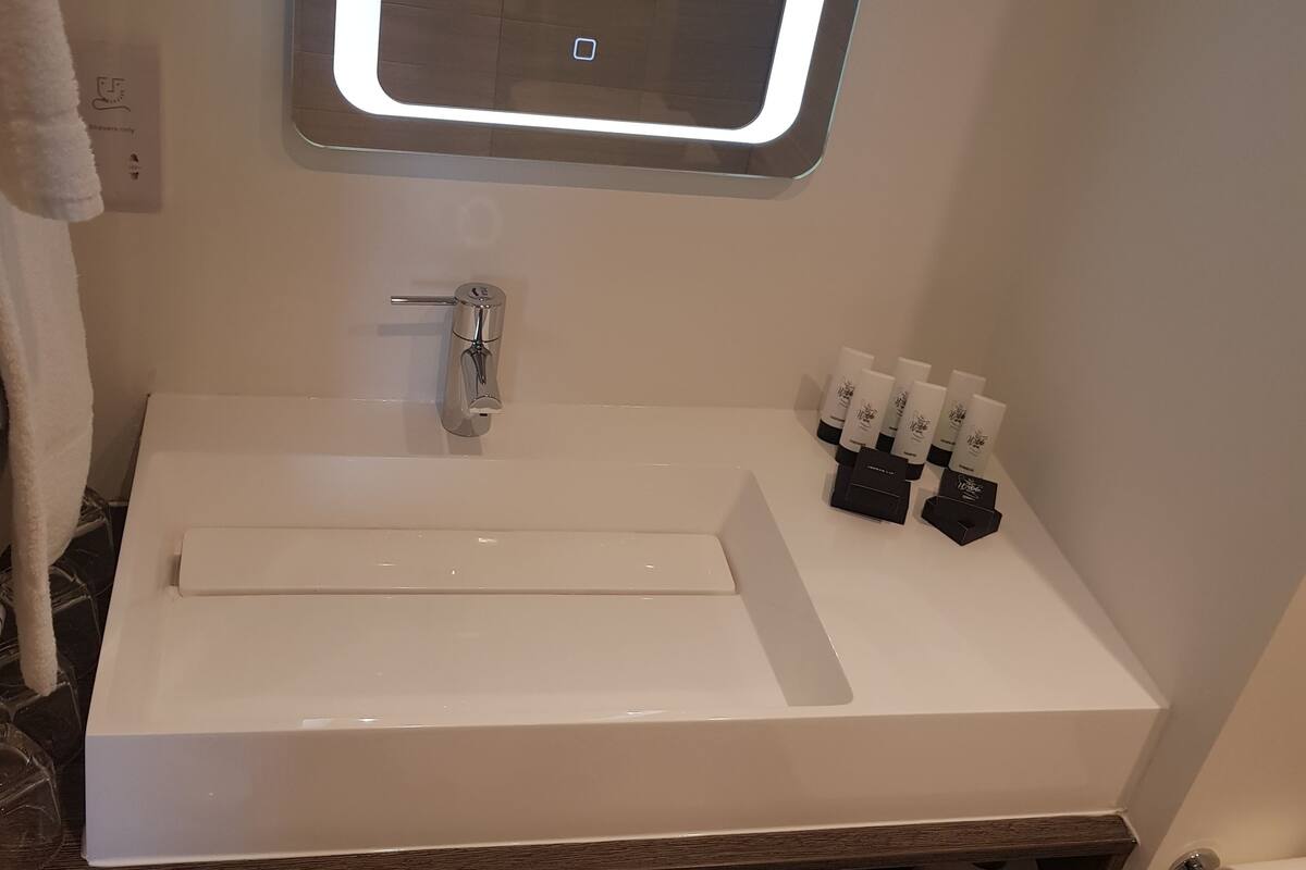 deluxe double room | bathroom | shower, hair dryer, towels, soap