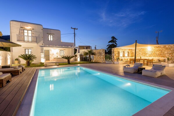 Seasonal outdoor pool, pool umbrellas, pool loungers