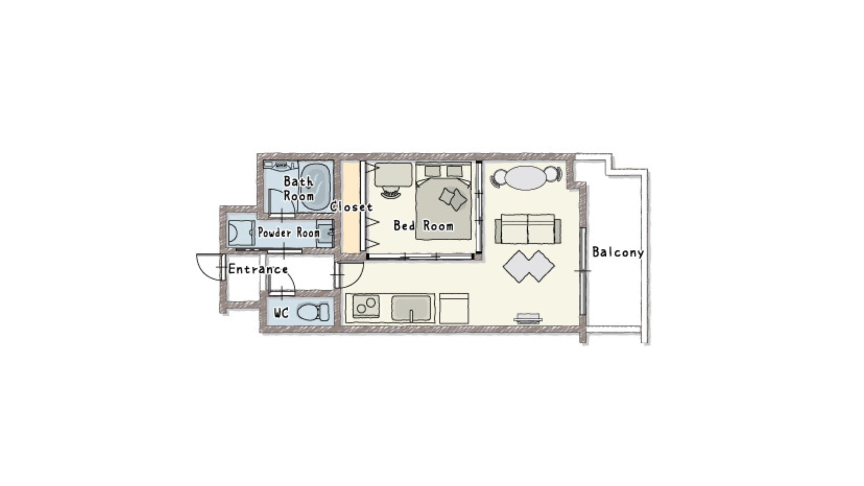 Een plattegrond van een hotelkamer met badkamer, kast, gastentoilet, slaapkamer, balkon en entree.
