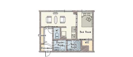 Plan d’étage d’une chambre d’hôtel comprenant un placard, un petit cabinet de toilette, une salle de bain, des toilettes et une chambre à coucher.