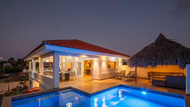 A modern house with a swimming pool, a dining area, and a thatched-roof structure.