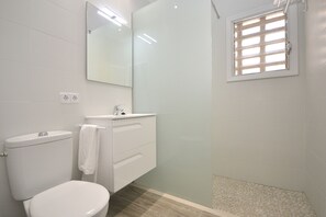 Un baño con inodoro, lavabo, espejo y zona de ducha.