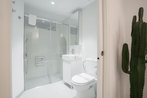 Dusche, Haartrockner, Handtücher, Toilettenpapier
