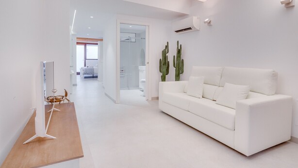 A modern living room with a white sofa, a wooden coffee table, and a cactus decoration.