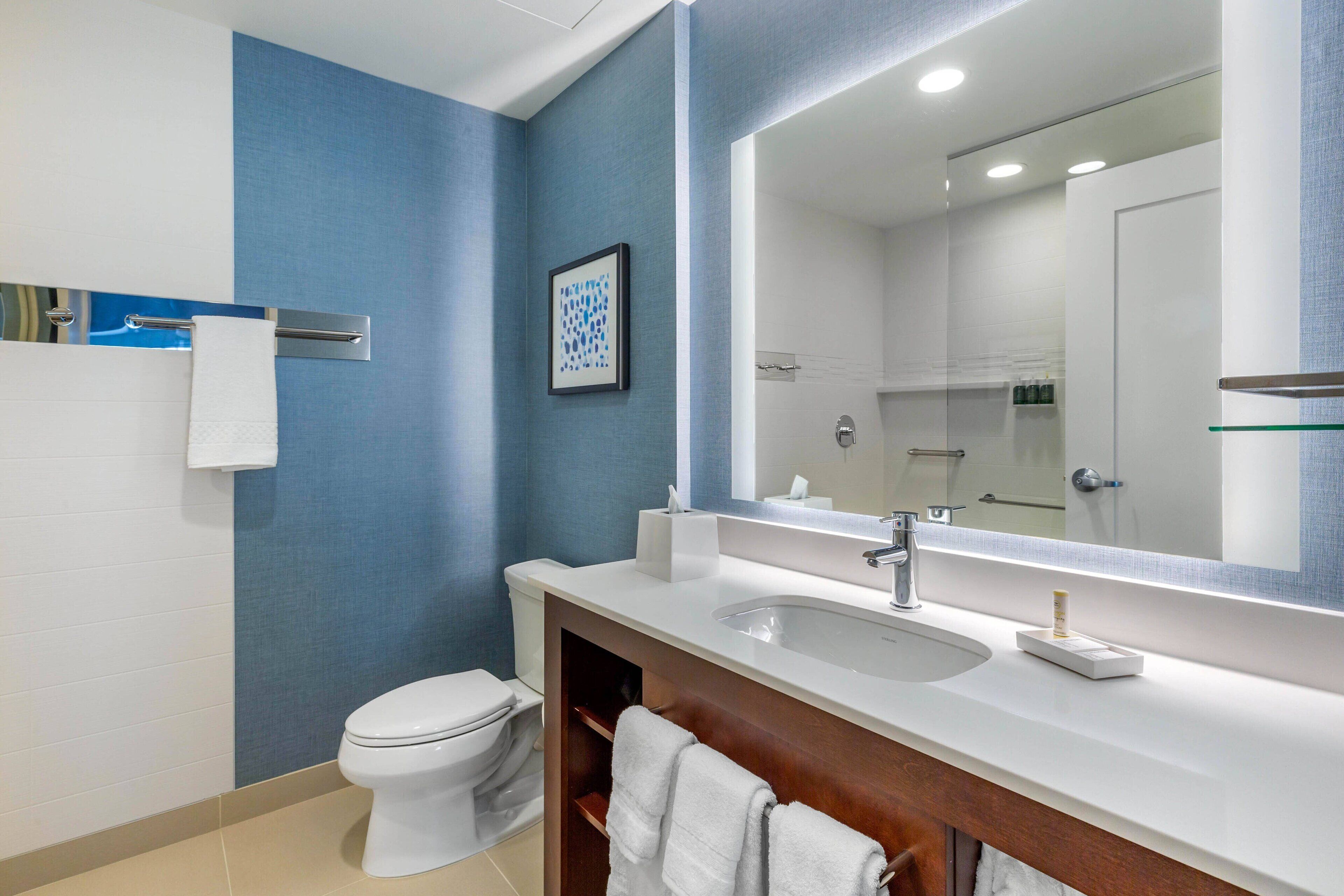 combined shower/bathtub, hair dryer, towels, soap