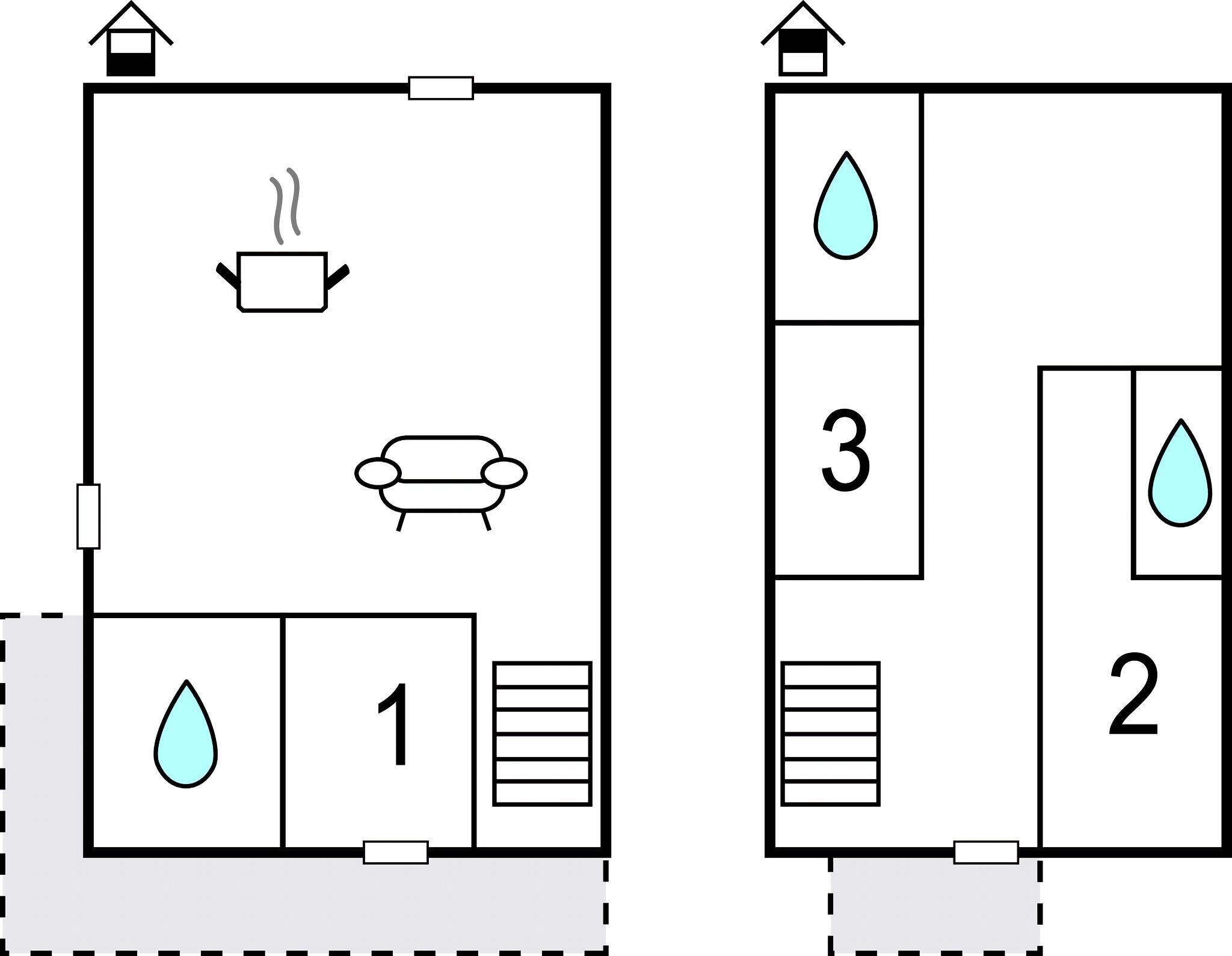 Deux plans d’aménagement d’une chambre d’hôtel comprenant un coin cuisine, un canapé, une douche et des toilettes.