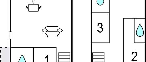 Two floor plans of a hotel room with a kitchenette, a sofa, a shower, and a toilet.