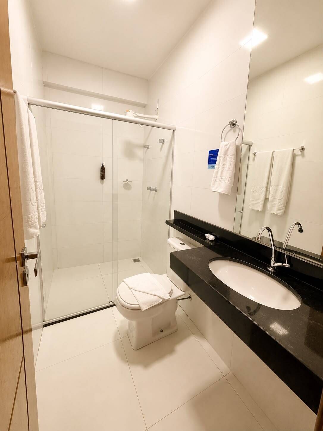 A modern bathroom with a glass-enclosed shower, a white toilet, a black countertop sink, and a mirror.
